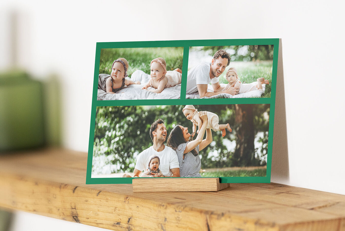 Collage di quattro immagini di momenti felici in famiglia all'aperto, con bambini e genitori.
