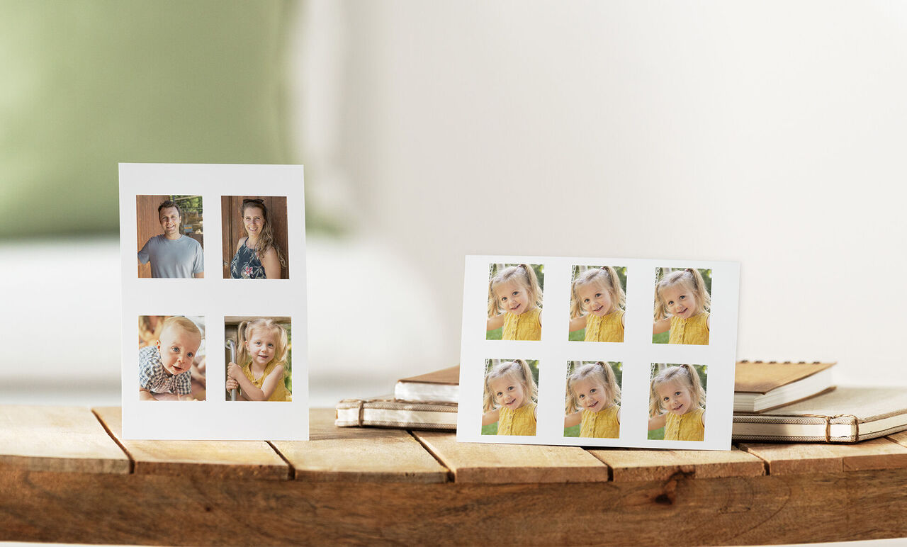Due cartoline fotografiche con ricordi felici, una mostra genitori, l'altra bambini. Design creativo per raccontare storie personali