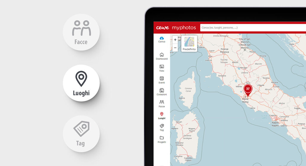 Screenshot dell'app CEWE myphotos con una vista mappa per organizzare foto.