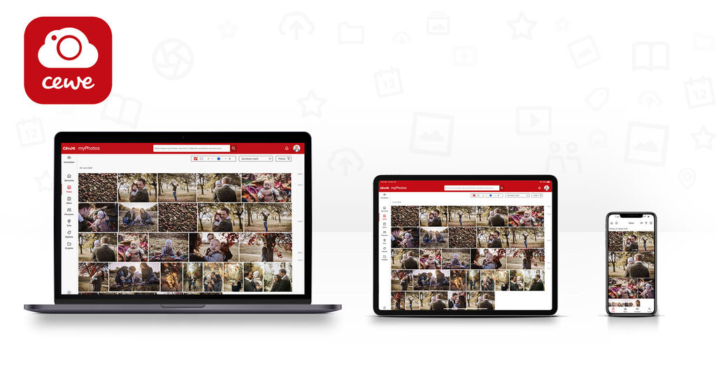 L'app CEWE Fotowelt su un laptop, tablet e smartphone mostra varie foto di amici e famiglia.