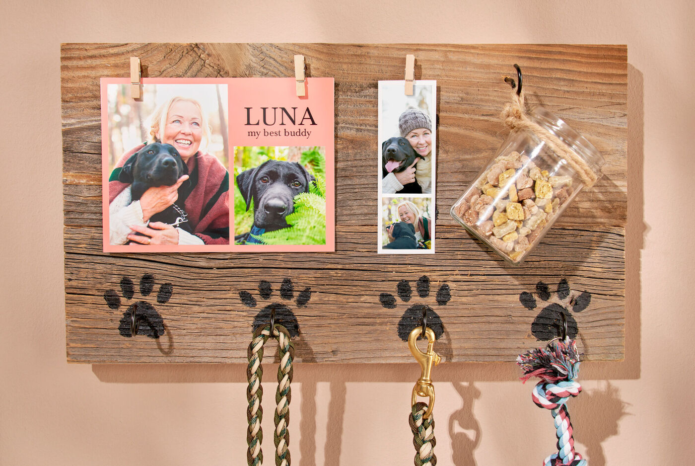 Tavola in legno con accessori per cani e foto di Luna.