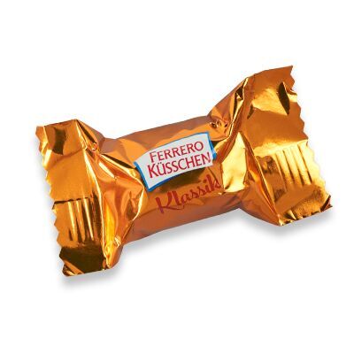 Un Ferrero Küsschen in foglia dorata, confezionato con una scritta rossa. Ideale per un regalo dolce.